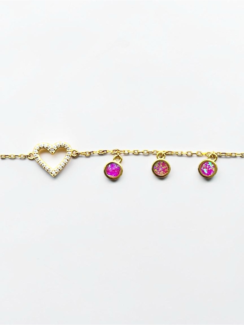 Gold Over Sterling Silver Moissanite Heart Lab Pink Opal Charm Bracelet